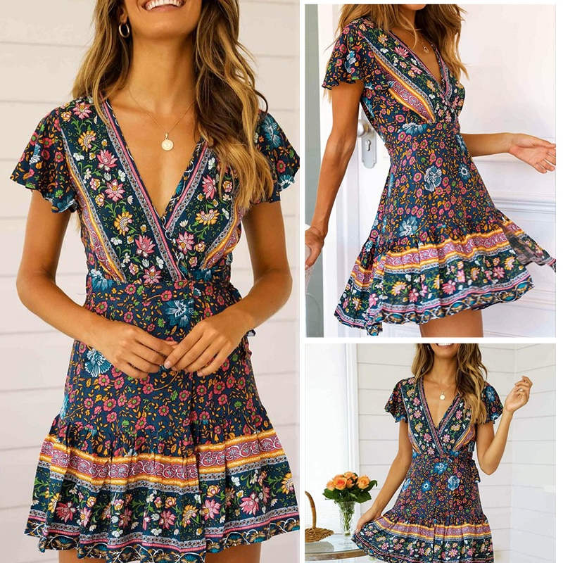 Buy Bohemian floral print v-neck ruffled robe short sleeve casual ...