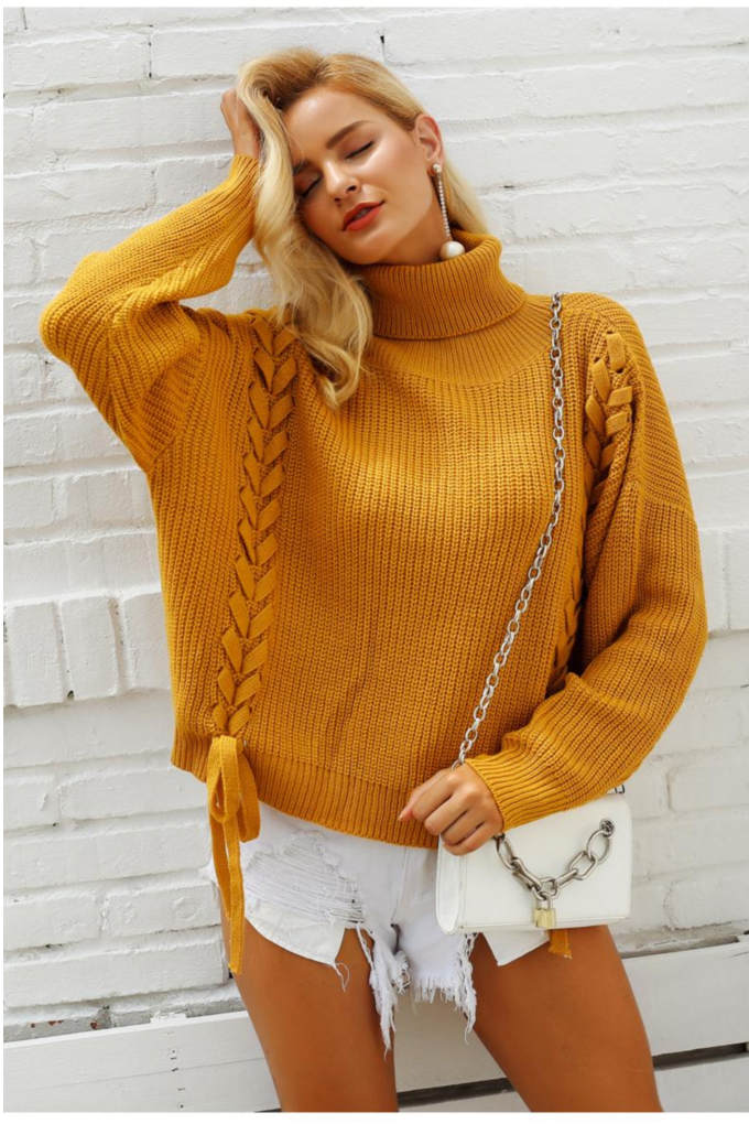 Side lace up sweaters Turtleneck batwing sleeve Loose pullover jumper pull femme
