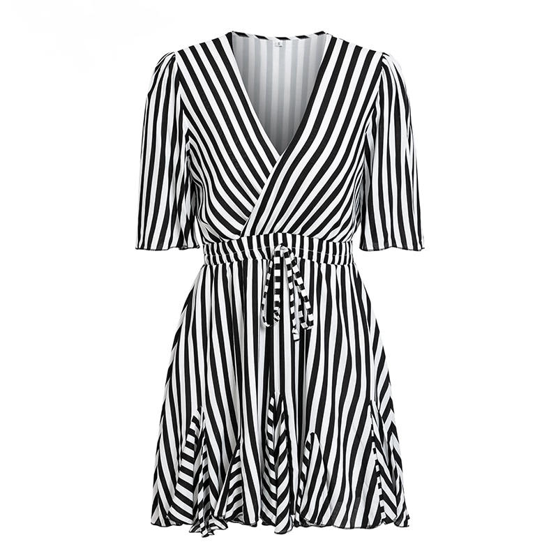 Striped dress V neck ruffle cotton vestido festa