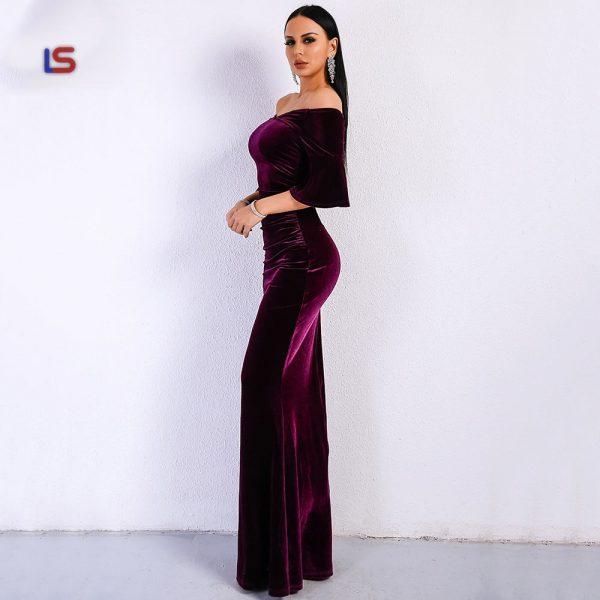 Off Shoulder Speaker Sleeve Female Dresses Velvet Solid Color Bodycon Elegant Maxi Party