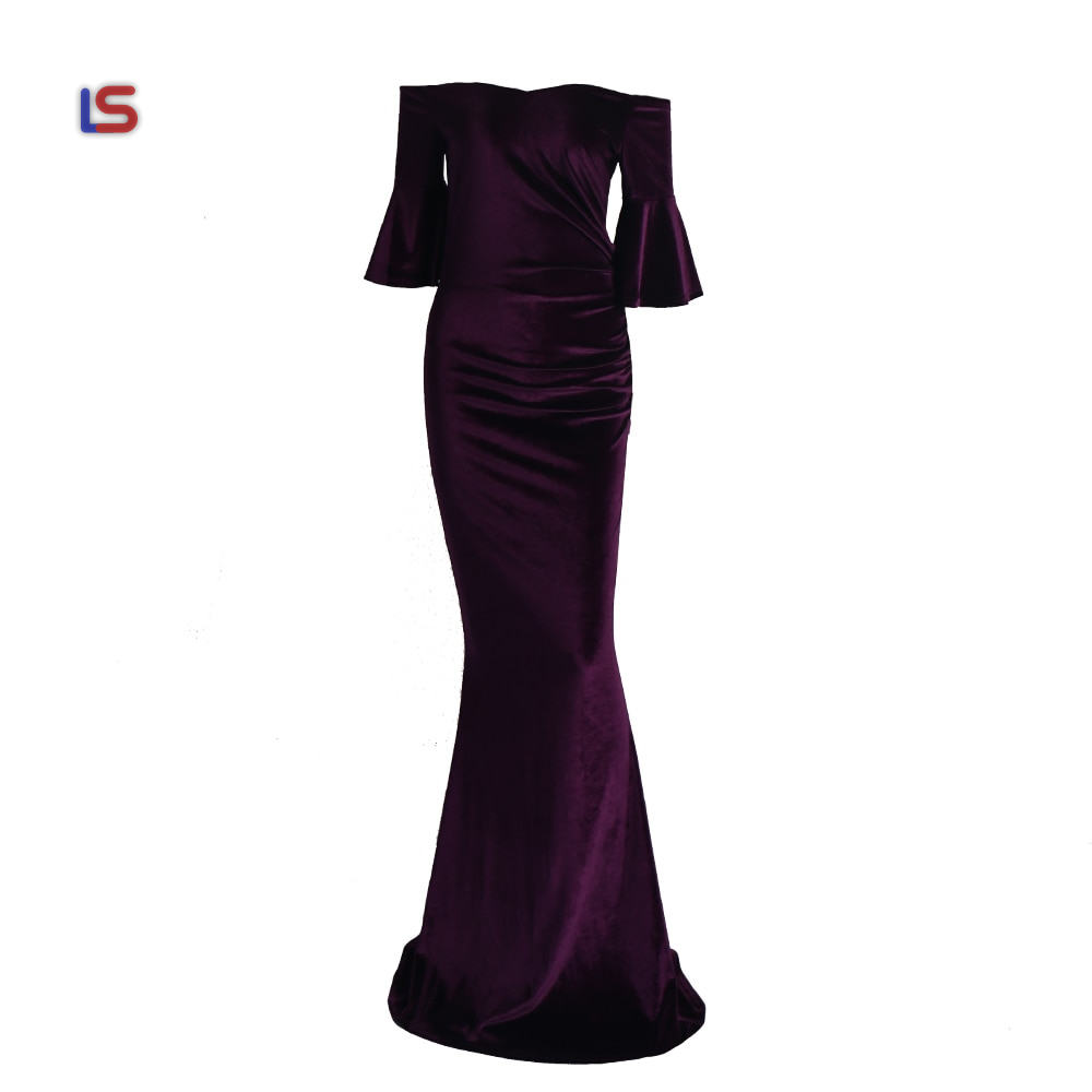 Off Shoulder Speaker Sleeve Female Dresses Velvet Solid Color Bodycon Elegant Maxi Party