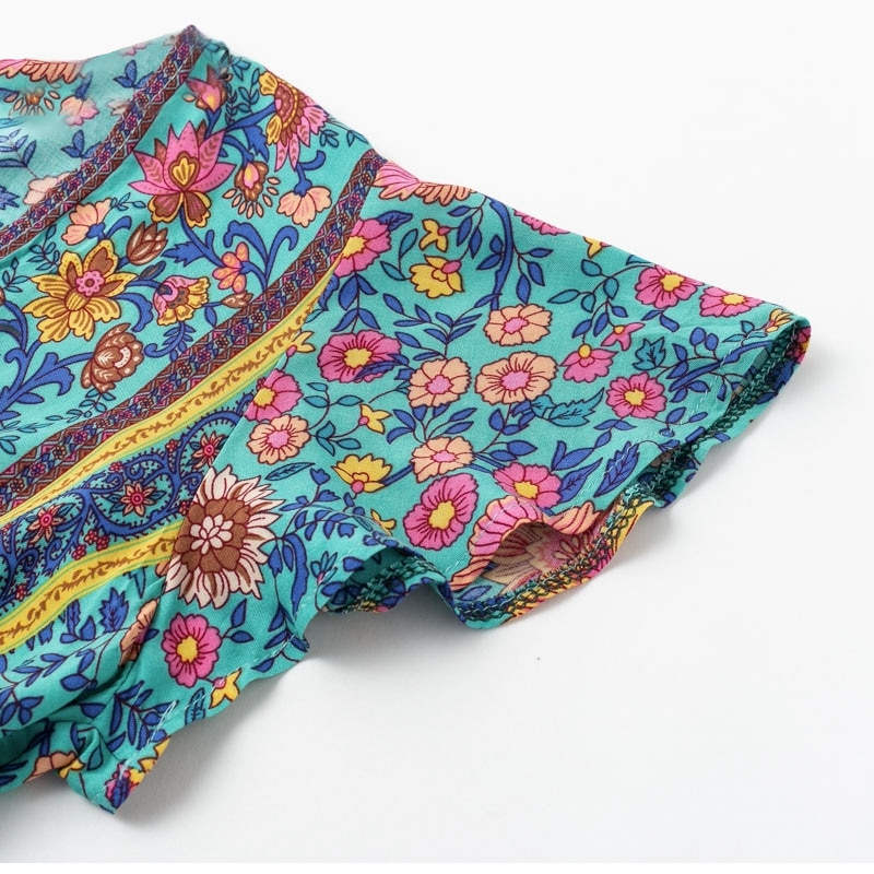 Bohemian floral print v-neck ruffled robe short sleeve casual