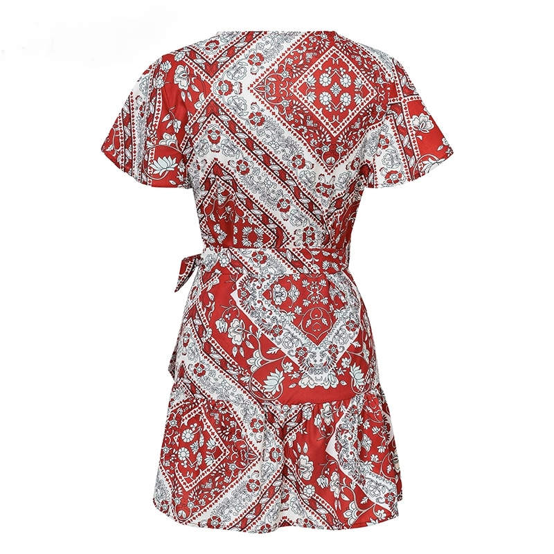 Bohemian print Ruffled short sleeve sashes Wrap v-neck vestidos