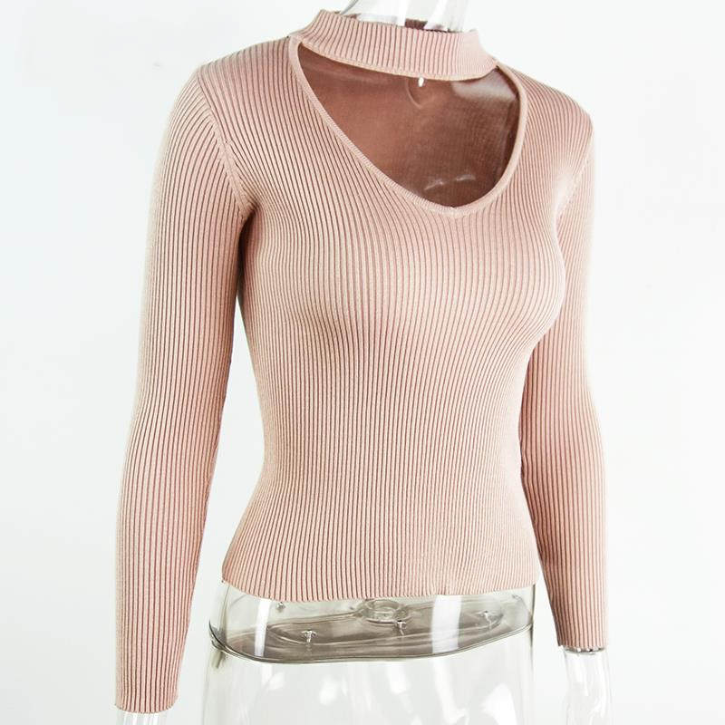 Halter long sleeve knitted sweater tops v-neck off-shoulder short pullover Casual jumper pull femme