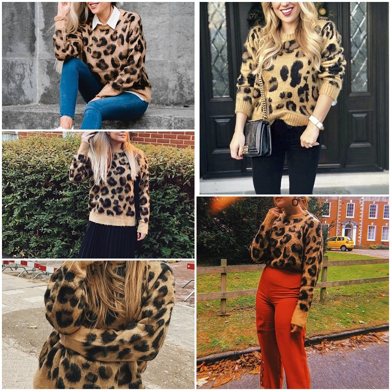 Leopard knitted pullover sweater long sleeve jumper Casual