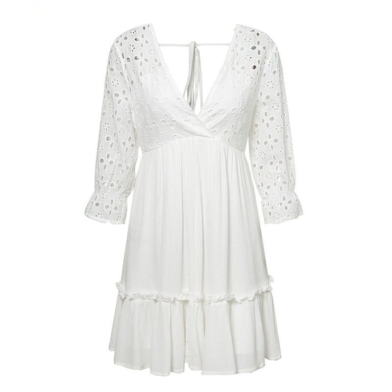 V-neck embroidery Ruffle pleated cotton lace up Casual hollow festa