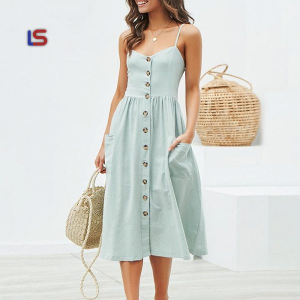 Button Pocket polka dots cotton midi dress casual beach vestidos
