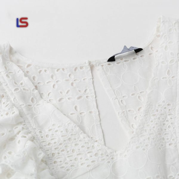 Cotton embroidery Ruffled high waist korean v-neck party