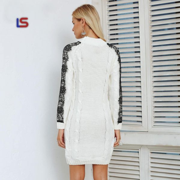 O neck twist knitted sweater lace long sleeve vestidos
