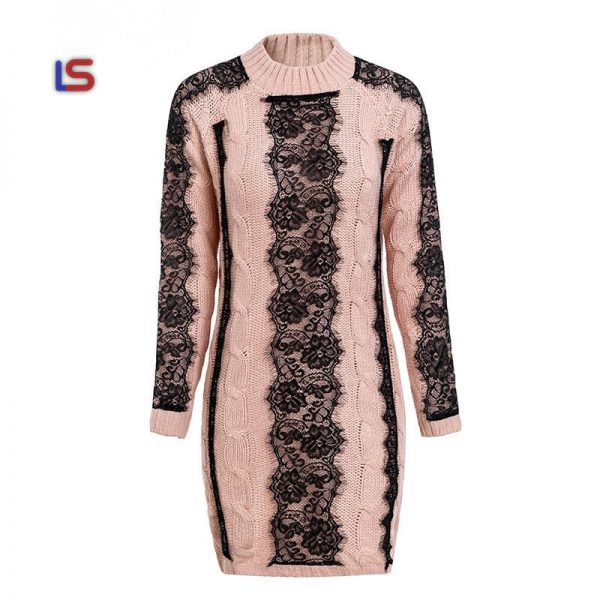 O neck twist knitted sweater lace long sleeve vestidos