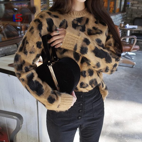 Leopard knitted pullover sweater long sleeve jumper Casual