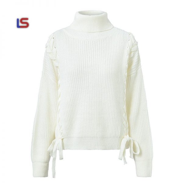 Side lace up sweaters Turtleneck batwing sleeve Loose pullover jumper pull femme