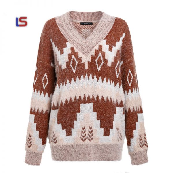 Streetwear v neck geometric sweater Casual long sleeve pullover jumpers