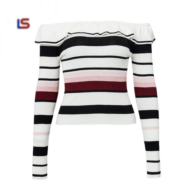 Stripe off-shoulder sweater Long sleeve pullover casual