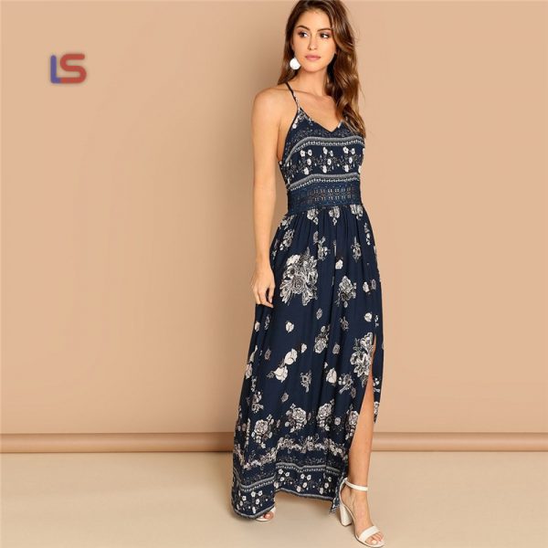Navy Lace Waist Split Front Cami Slim Floral Print Sleeveless