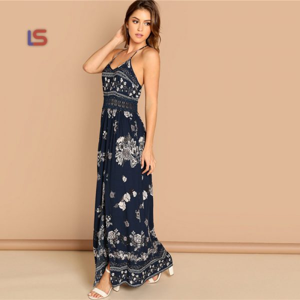 Navy Lace Waist Split Front Cami Slim Floral Print Sleeveless