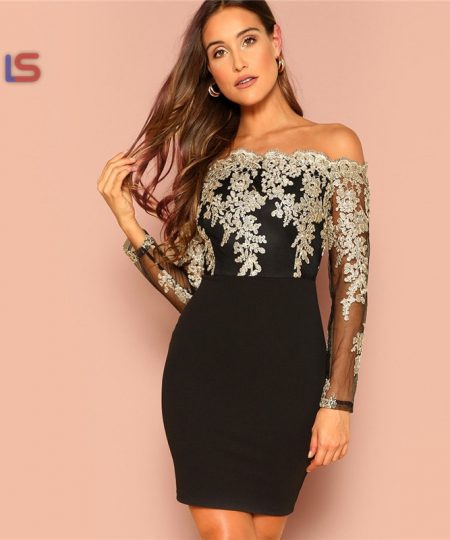 Off Shoulder Embroidered Mesh Bodice Bardot Bodycon Long Sleeve