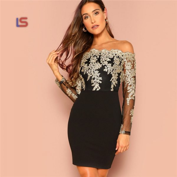 Off Shoulder Embroidered Mesh Bodice Bardot Bodycon Long Sleeve