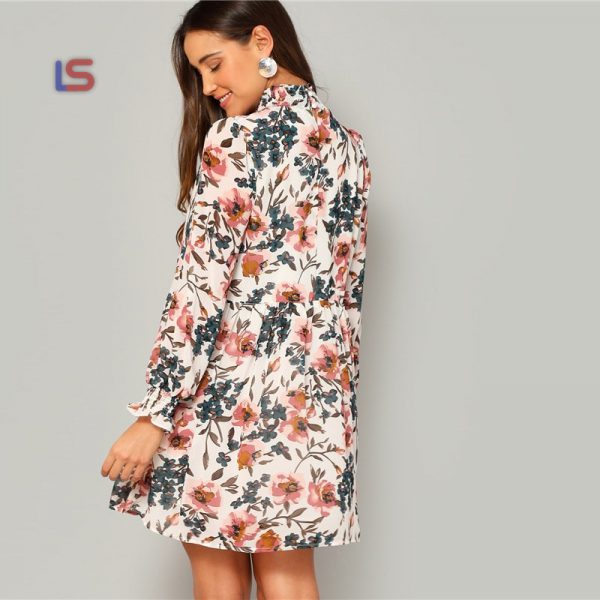 Bohemian Frilled Neck and Cuff Floral Smock Flared A-Line Chiffon