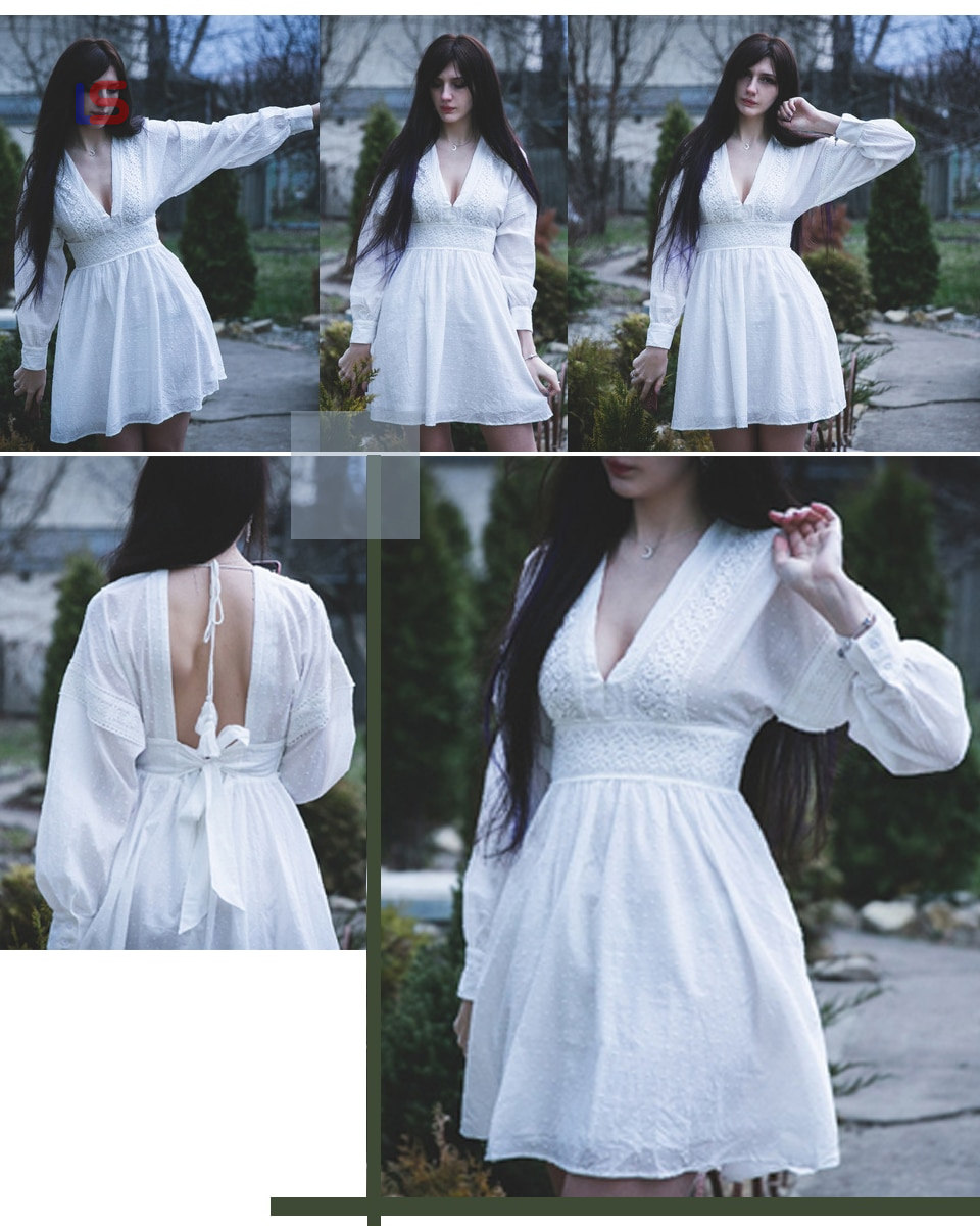 Guipure Lace Dot Jacquard Knot Backless V-Neck Spring Boho Fit and Flare