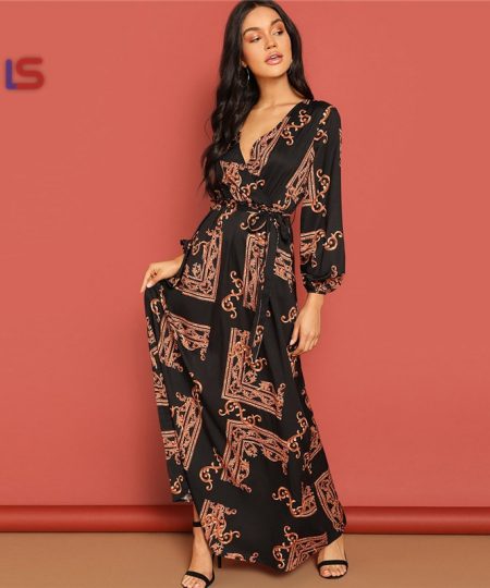 Belted Maxi V Neck Long Sleeve Fit and Flare