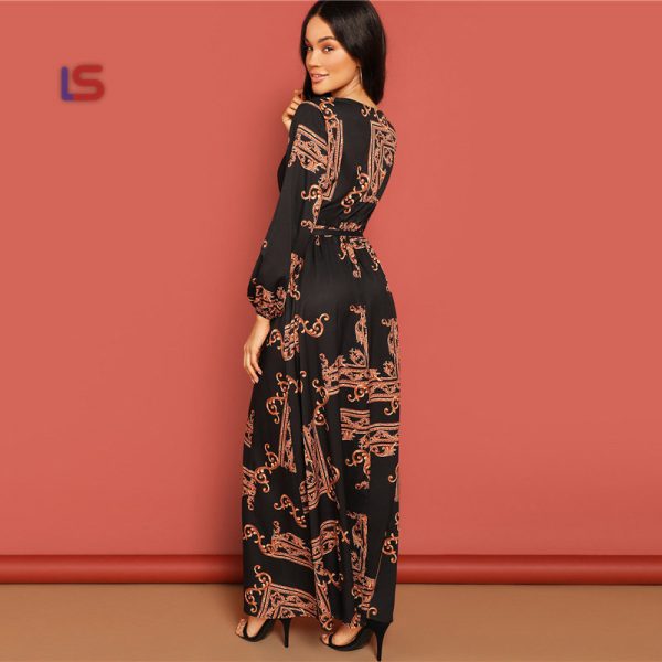 Belted Maxi V Neck Long Sleeve Fit and Flare