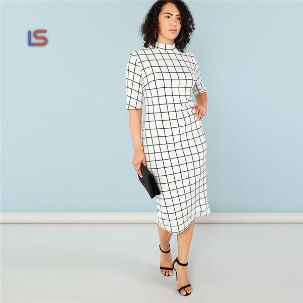 Plaid Bodycon Plus Size Long Stand Collar Grid