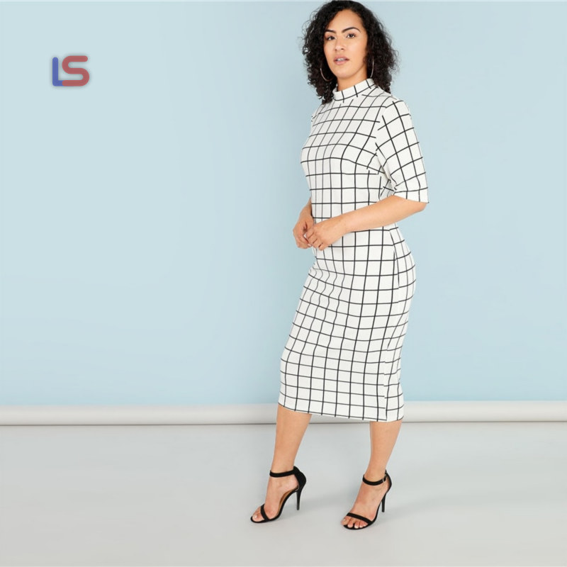 Plaid Bodycon Plus Size Long Stand Collar Grid