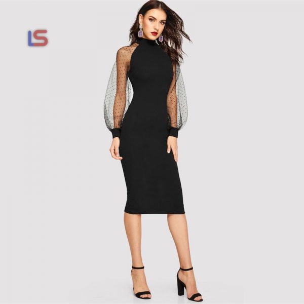Buy Bodycon Dress With Jacquard Mesh Lantern Long Sleeve - Lebasshop