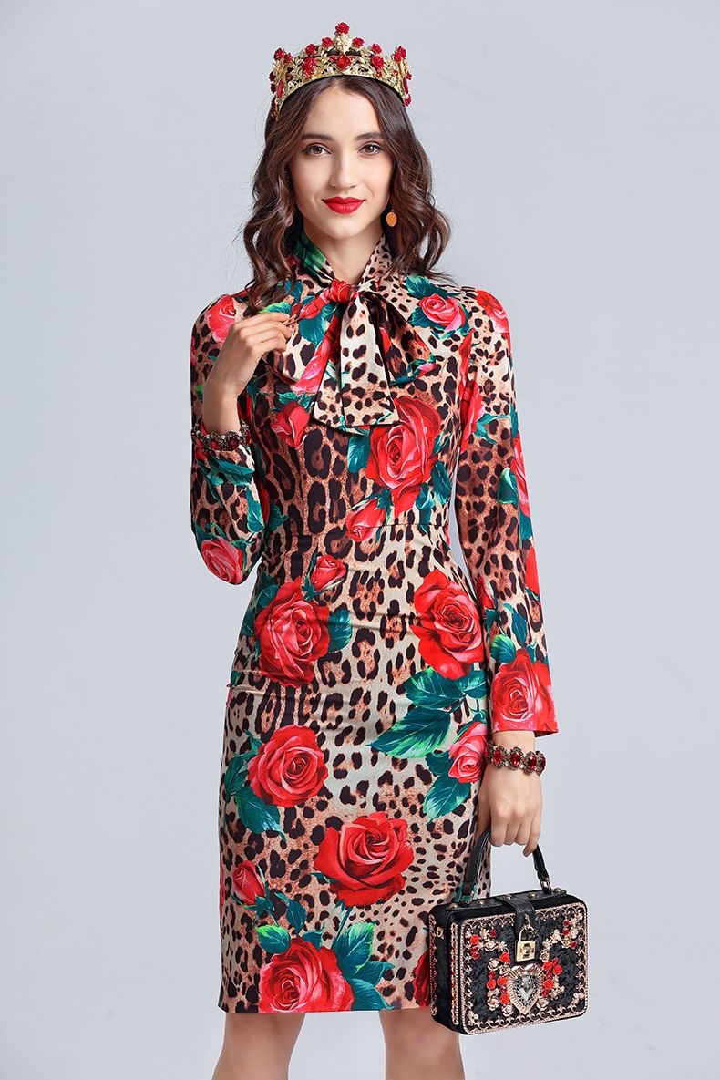 Long Sleeve Bow Collar Printed Rose Floral 1
