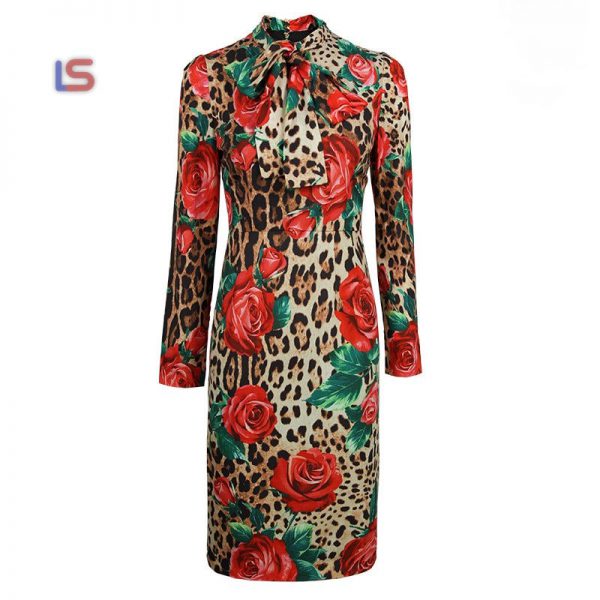 Long Sleeve Bow Collar Leopard Printed Rose Floral