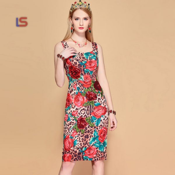 Sleeveless Rose Floral Sequined Leopard Print Pencil