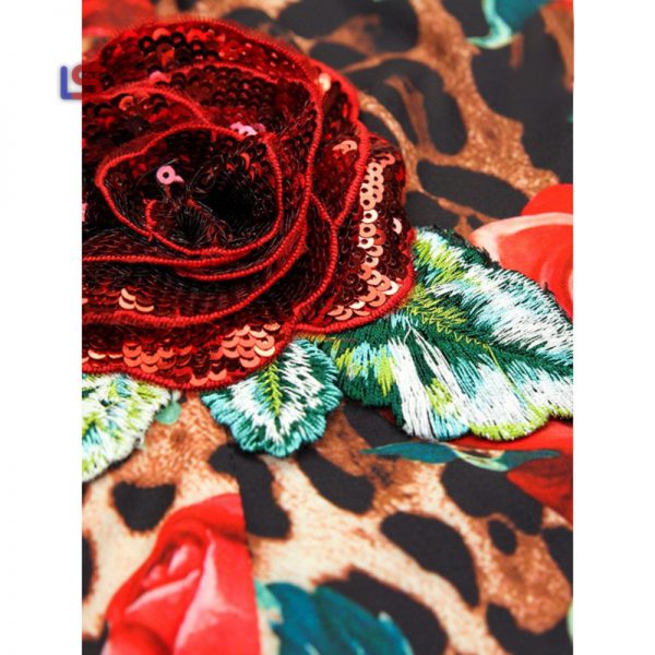 Sleeveless Rose Floral Sequined Leopard Print Pencil