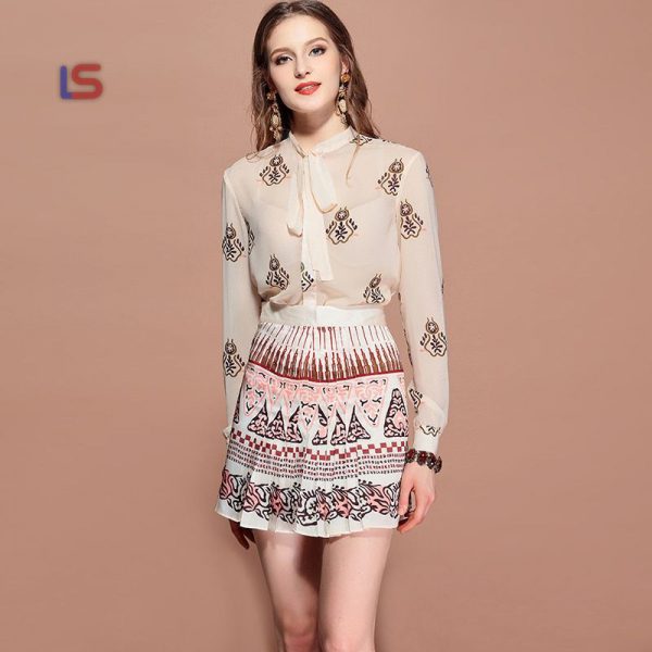 O-Neck Belted Collar Printed Blouse