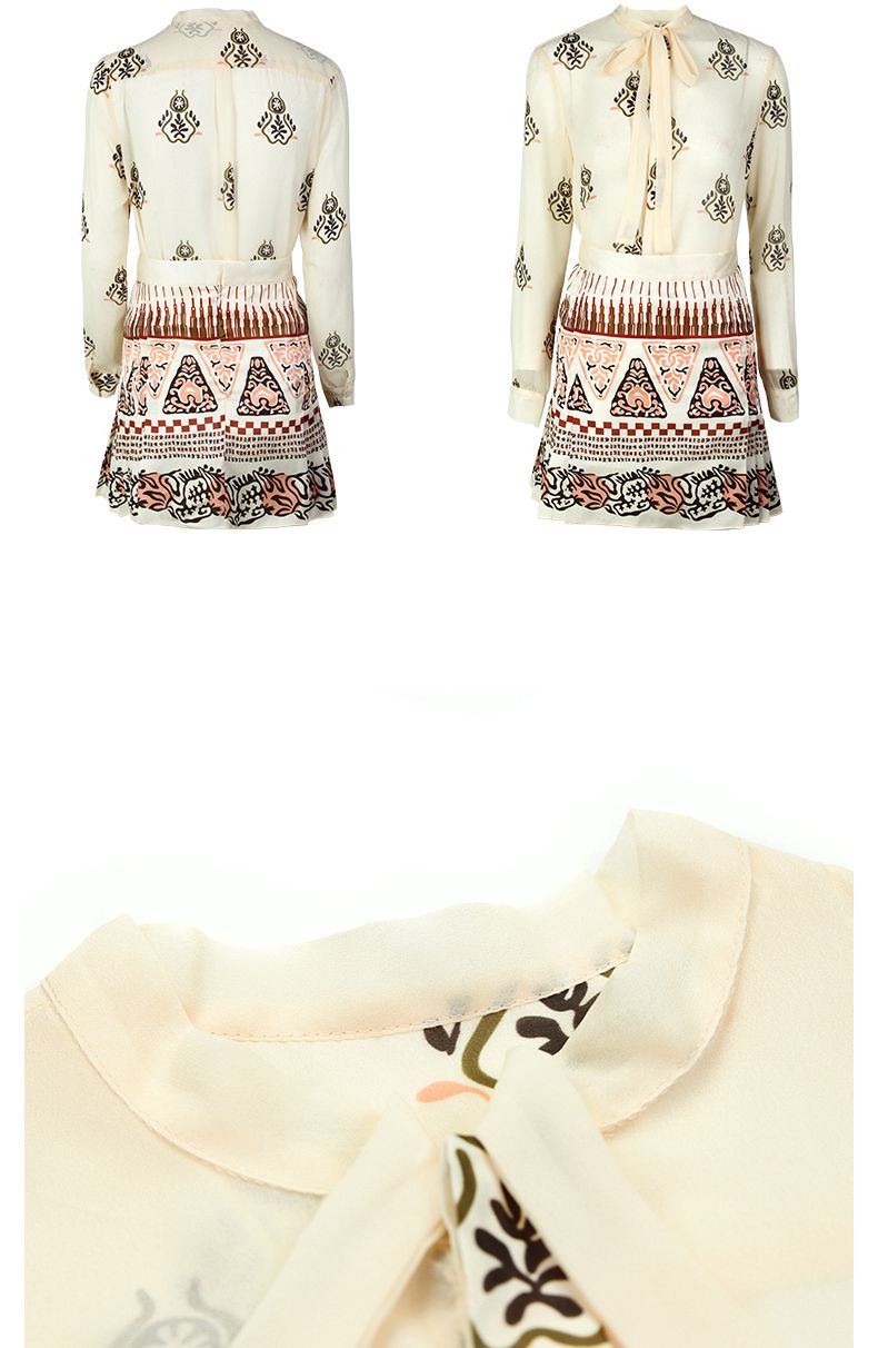 O-Neck Belted Collar Printed Blouse